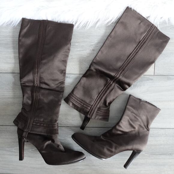 Ralph Lauren Purple Label Brown Satin Knee High Convertible Ankle Boots - Picture 1 of 16